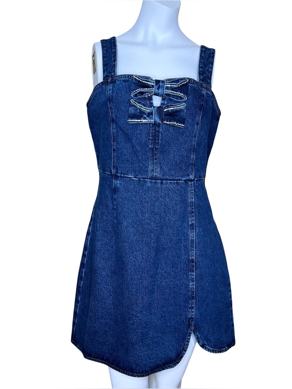 Endless Rose Bow Trim Denim Mini Dress Sz M NWT
